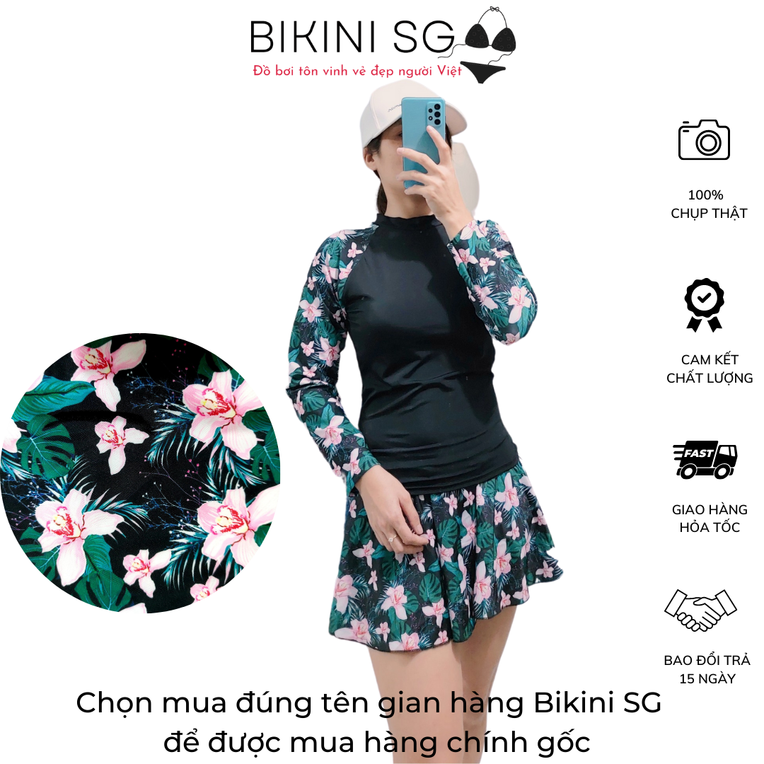 Đồ bơi nữ kín đáo bikini 2 mảnh áo tay dài tay ngắn che nắng họa tiết bông hoa nhiều sắc màu phối quần chân váy xòe bồng đi biển đẹp