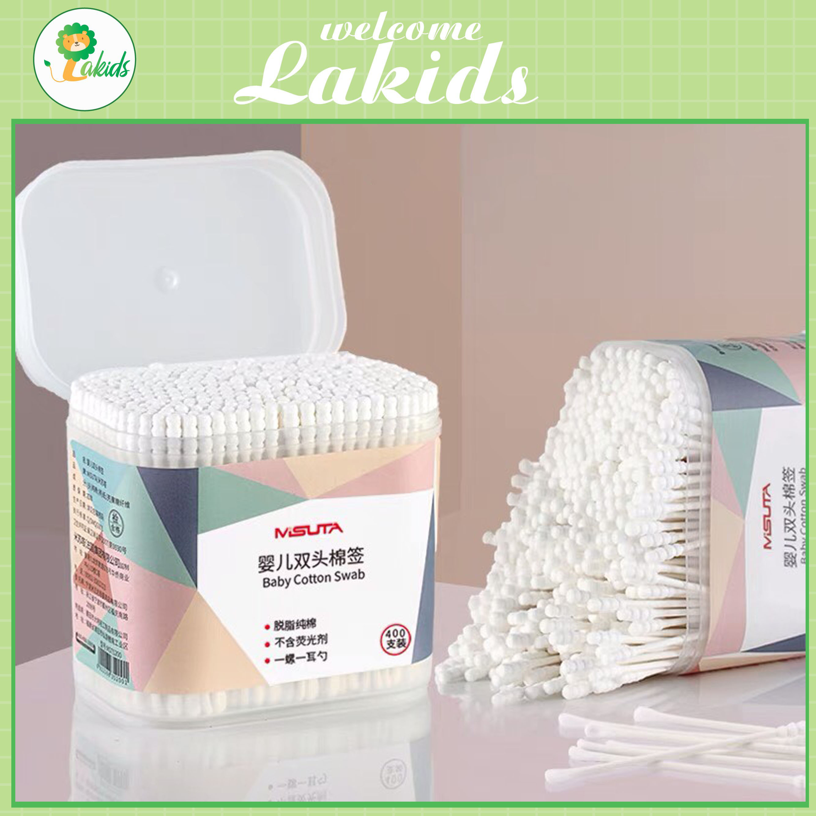 Tăm bông ngoáy tai cho bé sơ sinh MISUTA LAKIDS được làm từ bông tự nhiên an toàn cho bé hộp 400 que