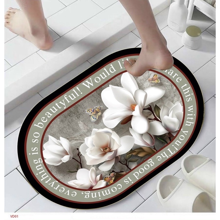 Thảm lau chân, thảm chùi chân siêu thấm hút hình oval hoạ tiết 3D