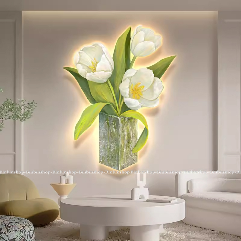 Tranh đèn led tráng gương bình hoa tulip trắng 1 tranh uv cao cấp decor trang trí tặng kèm đinh treo