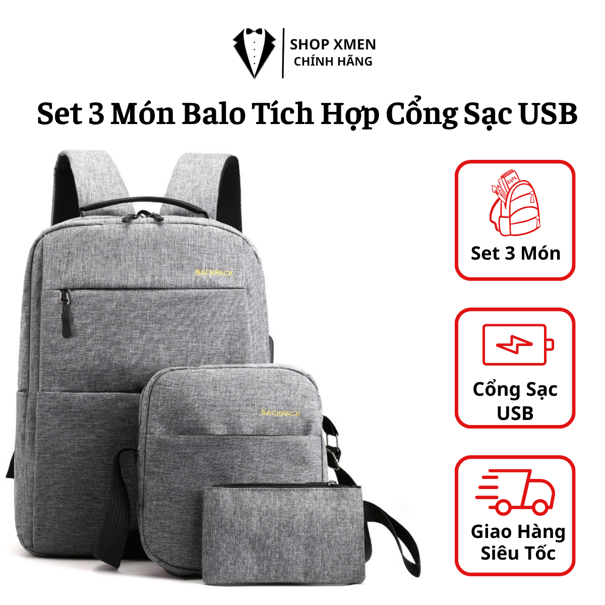 Set 3 món balo, túi đeo chéo, túi cầm tay tích hợp cổng sạc usb vải oxford chống thấm nước t61