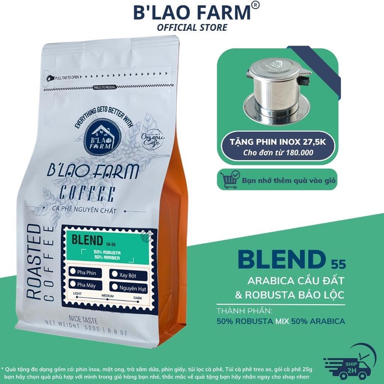Cà phê rang xay nguyên chất Blend 50% Robusta và 50% Arabica B lao Farm