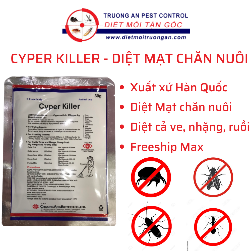 Thuốc diệt Mạt gà CYPER KILLER, ngoài ra còn tiêu diệt các loại côn trùng khác trong chăn nuôi , xuất xứ Hàn Quốc.