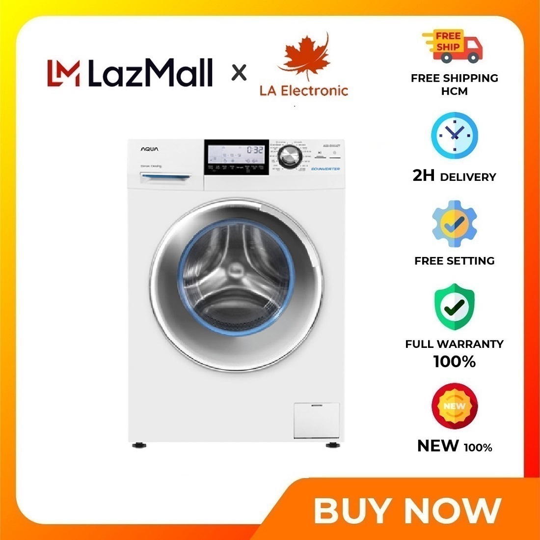 Aqua washing machine 9.8 Kg AQD-D980AZT - Free shipping HCM - Direct drive motor DD Inverter 16 automatic washing programs easily wash a variety of clothes