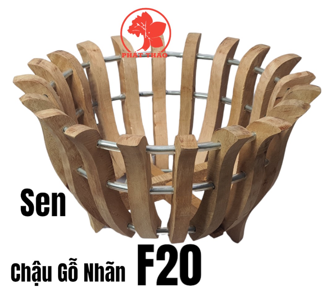 Chậu gỗ trồng lan f20cm - mẫu sen - gỗ nhãn tặng lưới và móc treo