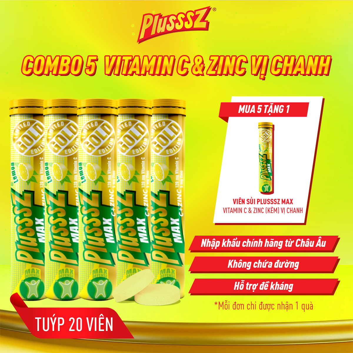 [COMBO 5 TUÝP X 20 VIÊN] Viên Sủi Plusssz Max Vitamin C + Kẽm – Chanh Không Đường