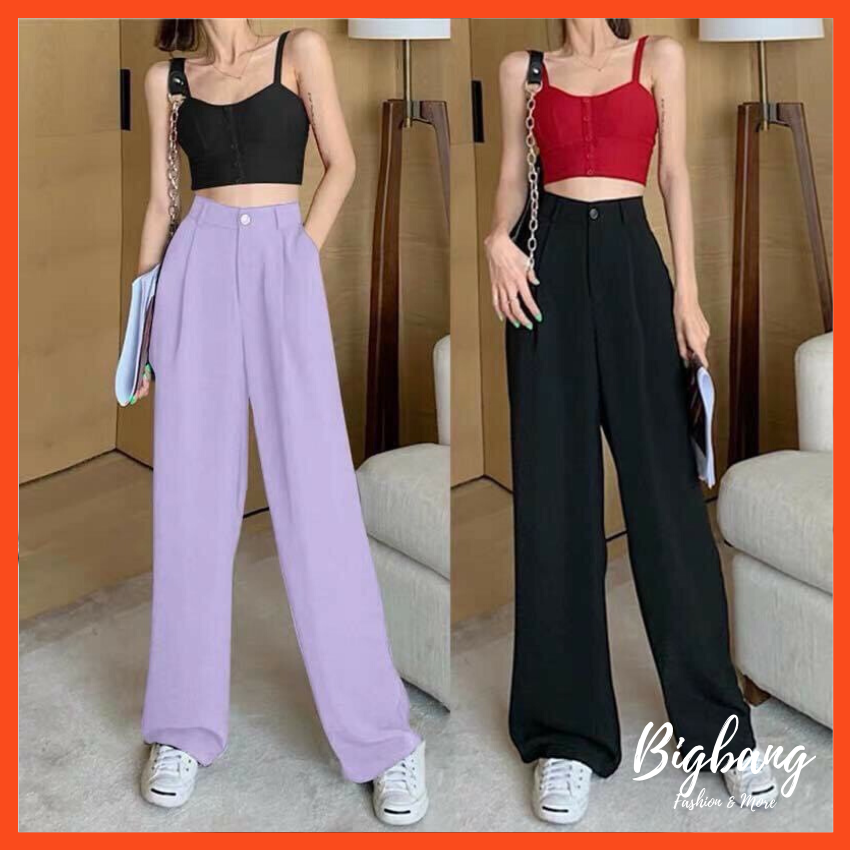 Quần ống rộng culottes xuông dài  siêu Hot, quần ống suông cạp cao dáng dài 3 màu tím, đen, kem cực trend