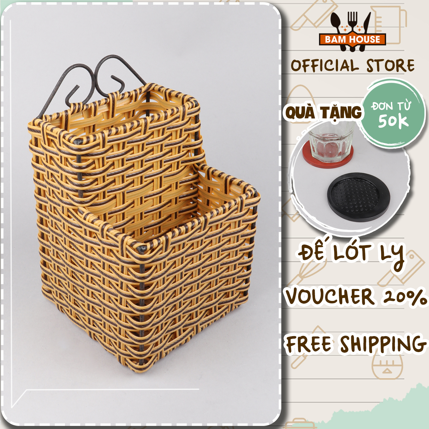 Ống đựng muỗng đũa nhưa mây dạng vuông Bam House cao cấp OD02 - Super Đơn