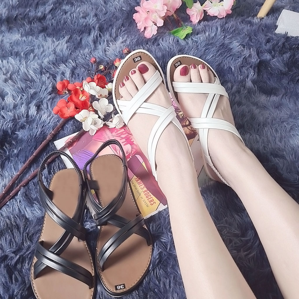 Giày sandal nữ đế bệt quai chéo phong cách hàn quốc đi biển