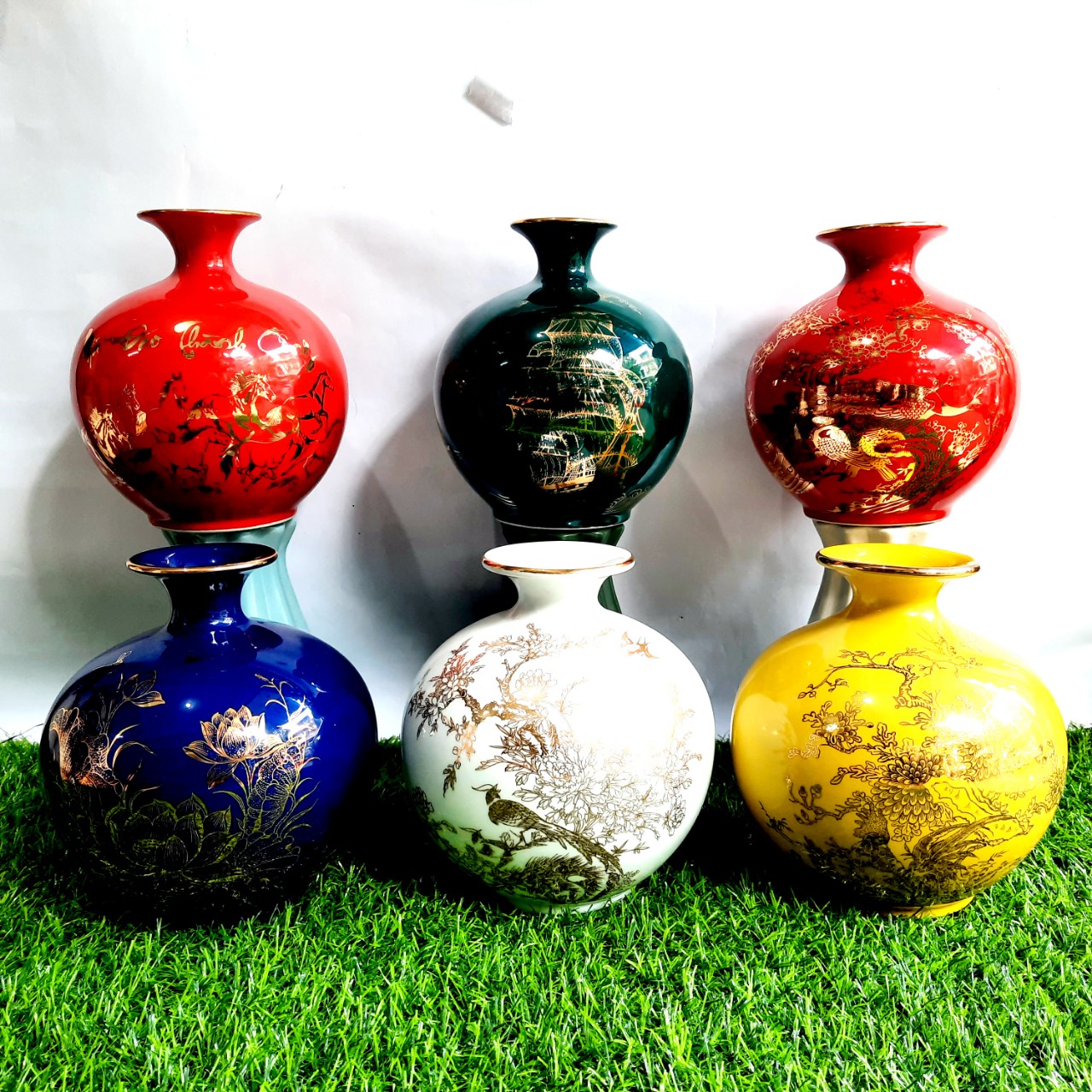 Bình hút tài lộc phong thủy vẽ vàng 24k,  gốm sứ Bát Tràng cao cấp, trang trí phòng khách 