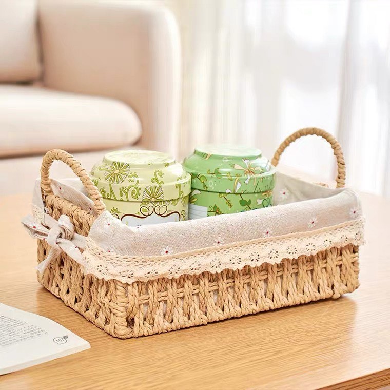 Giỏ cói đựng đồ, đựng mỹ phẩm, đựng đồ ăn vặt để bàn, decor chụp ảnh sản phẩm lót vải vintage Hình chữ nhật và bầu dục có tay cầm chắc chắn
