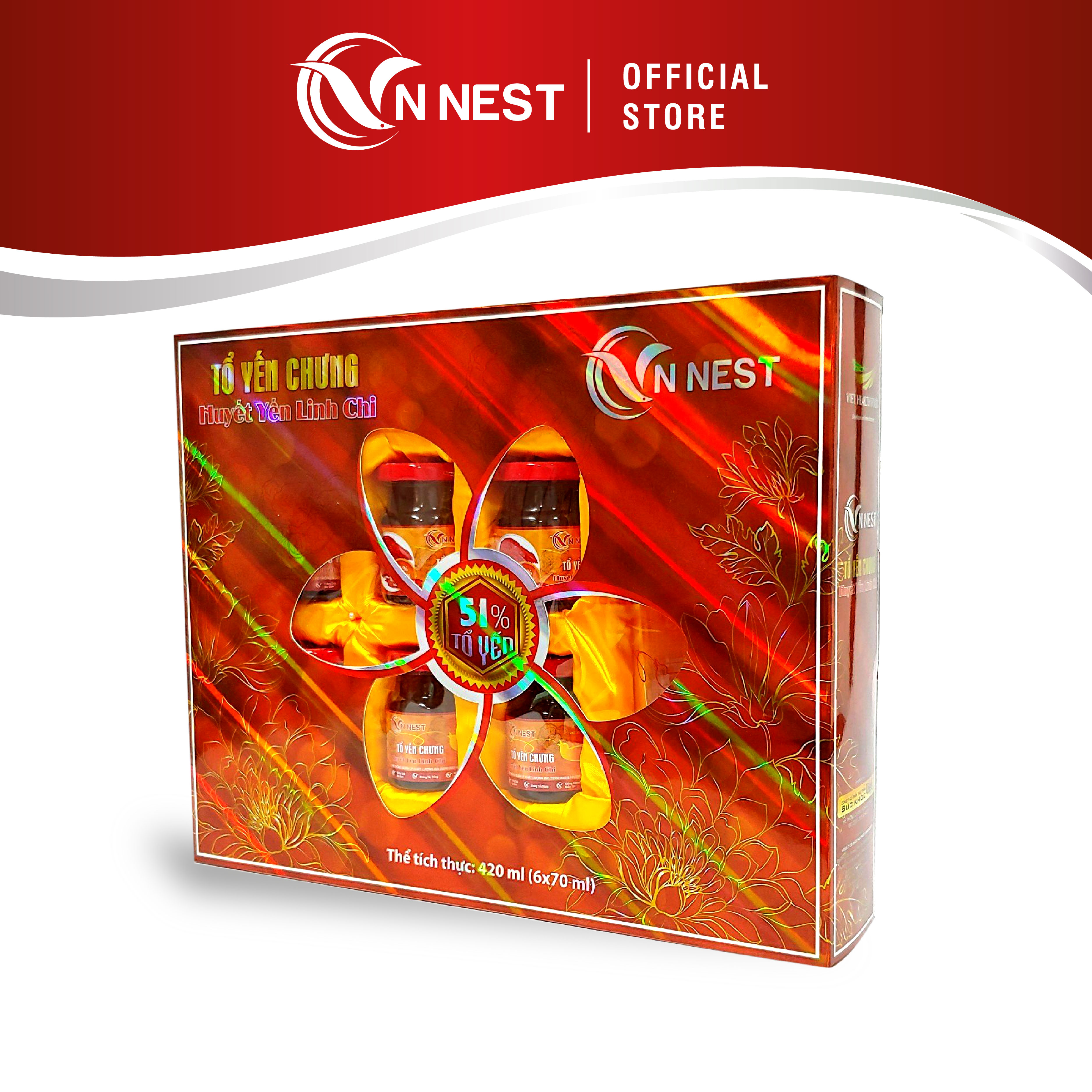 Hộp quà yến chưng - 06 hũ huyết yến chưng linh chi đường phèn vn nest - 6 hũ x 70ml - huyết yến thượng hạng - chính hãng vn nest