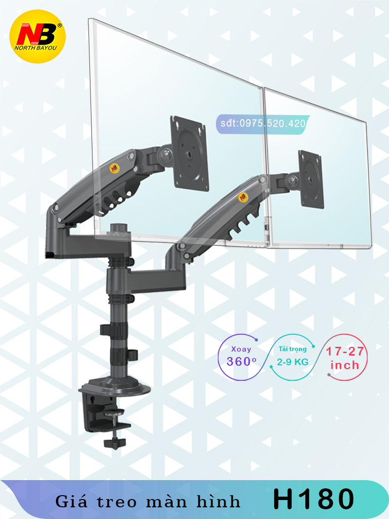 NB - H180 / Giá Treo Hai Màn Hình - Tay Treo 2 Màn Hình Kép Xếp Màn Trên Dưới [Màn Hình 22" - 35" inch] [ Ưu Việt Hơn NB F160 ]