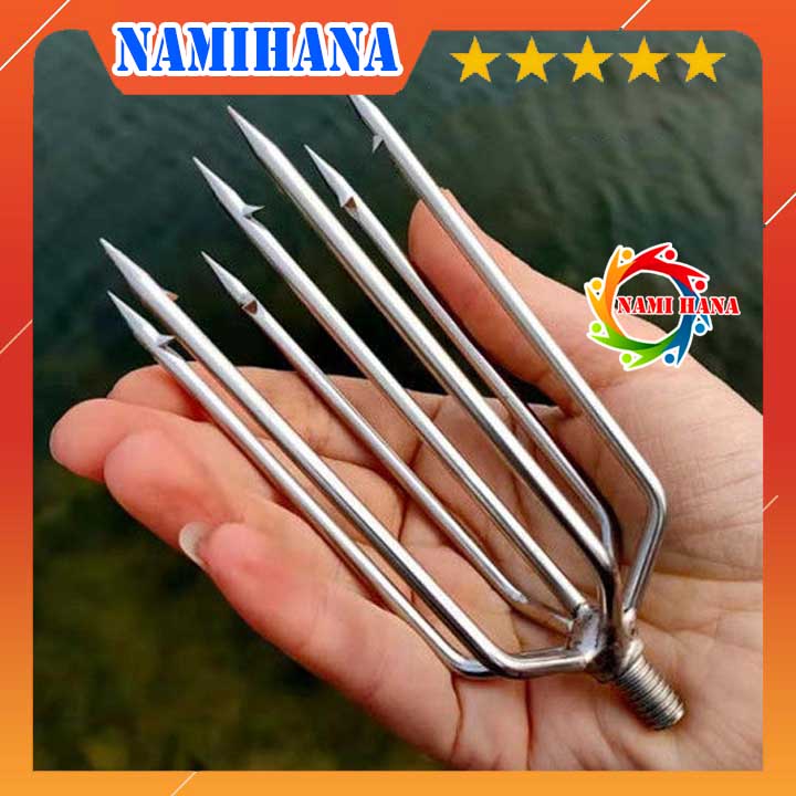 Phụ kiện mũi lao nhọn, xiên cá 5 ngạnh răng, cây phóng bắt cá tôm lươn bằng thép không gỉ
