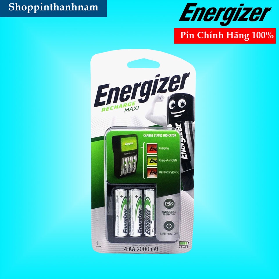 Máy Sạc Pin Energizer CHVCM4 Sạc Nhanh Tự Ngắt Tặng Kèm 4 Pin Sạc AA 2000 mAh