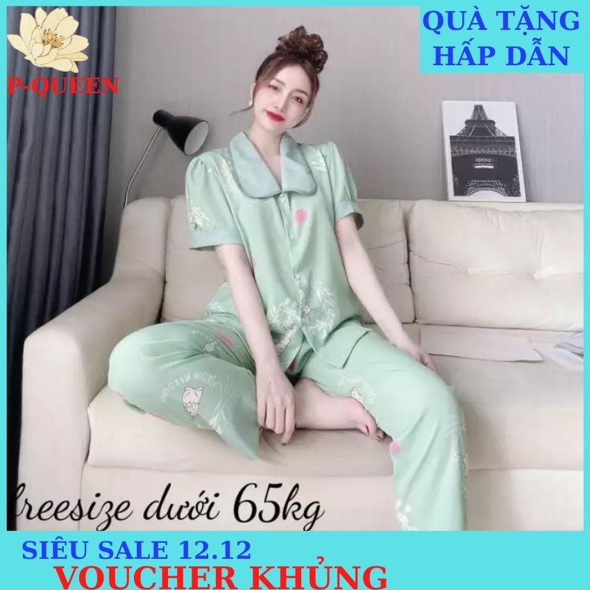 Đồ bộ nữ mặc nhà lụa cổ sen cao cấp, Pyjama Queen, pyjamas nữ mềm mại, thoáng mát TẶNG KÈM dây cột tóc hoa cúc