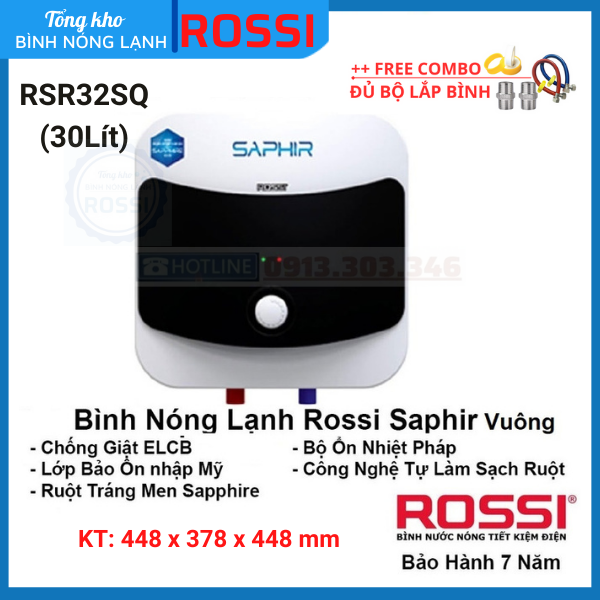 Bình nóng lạnh gián tiếp Rossi Saphir Vuông RS32SQ (30 Lít)- bảo hành 7 năm, hàng chính hãng Tân Á Đại Thành