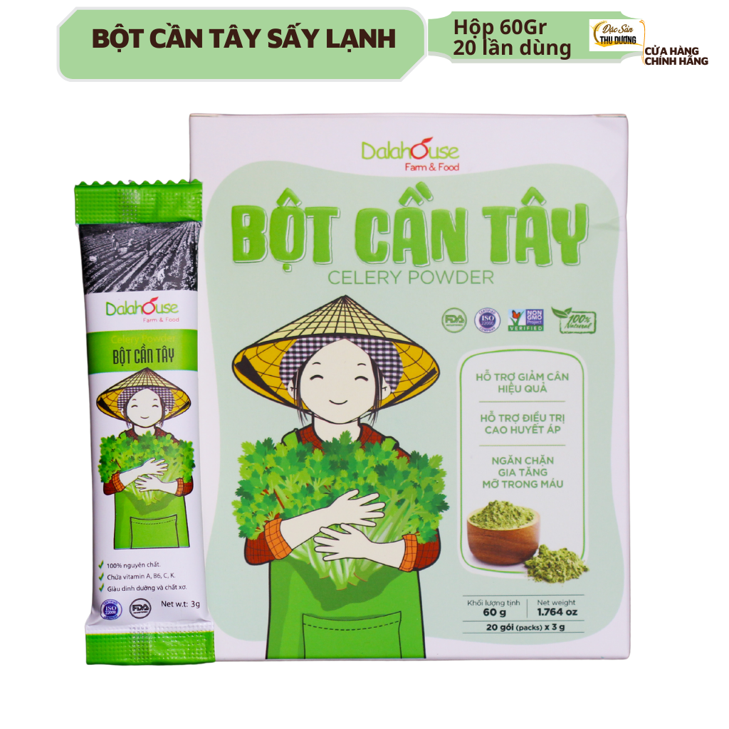 Bột cần tây sấy lạnh Dalahouse - Set 20 gói nguyên chất không đường - Hỗ trợ giảm cân, cao huyết áp, ngăn chặn gia tăng mỡ trong máu