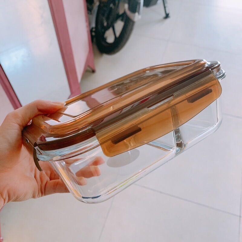 Hộp thủy tinh 2 ngăn 1l nắp nâu , chịu nhiệt, chống tràn , hộp đựng thực phẩm , hộp mang cơm