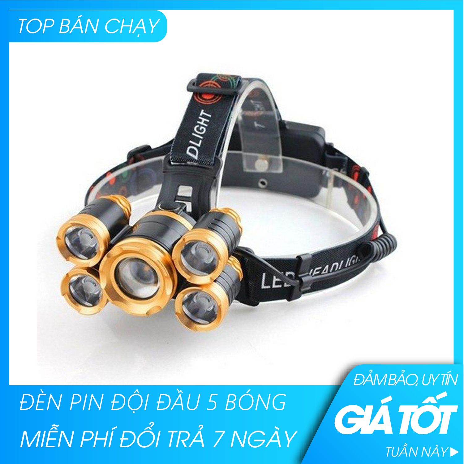 ( BẢO HÀNH UY TÍN) Đèn pin đội đầu 5 bóng -  đèn pin siêu sáng, đèn pin đội đầu, sạc điện, 5 bóng nhiều chế độ, thu ánh sáng gần xa, bao gồm 2 pin sạc và cục sạc - Hỗ trợ đổi trả 7 ngày