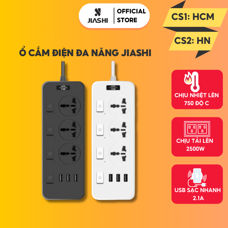Ổ cắm điện đa năng thông minh JIASHI 2 cổng USB 5v sạc nhanh, ổ chịu tải 2500W, tiết kiệm 30 kilowatt giờ dây nối 1,8m Bảo hành 6 tháng OCD04