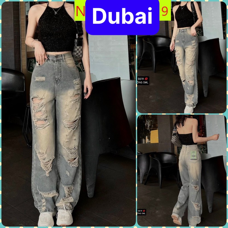 QUẦN JEAN NỮ BAGGY ỐNG SUÔNG RỘNG RÁCH TẢ TƠI XƠ MƯỚP LƯNG CAO NÂNG MÔNG PHONG CÁCH CAO CẤP -DB 5619- DUBAI FASHION