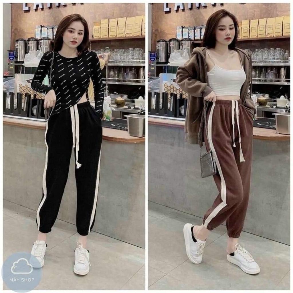 Quần Jogger Nữ Nỉ Tăm Phối Sọc Siêu Ấm