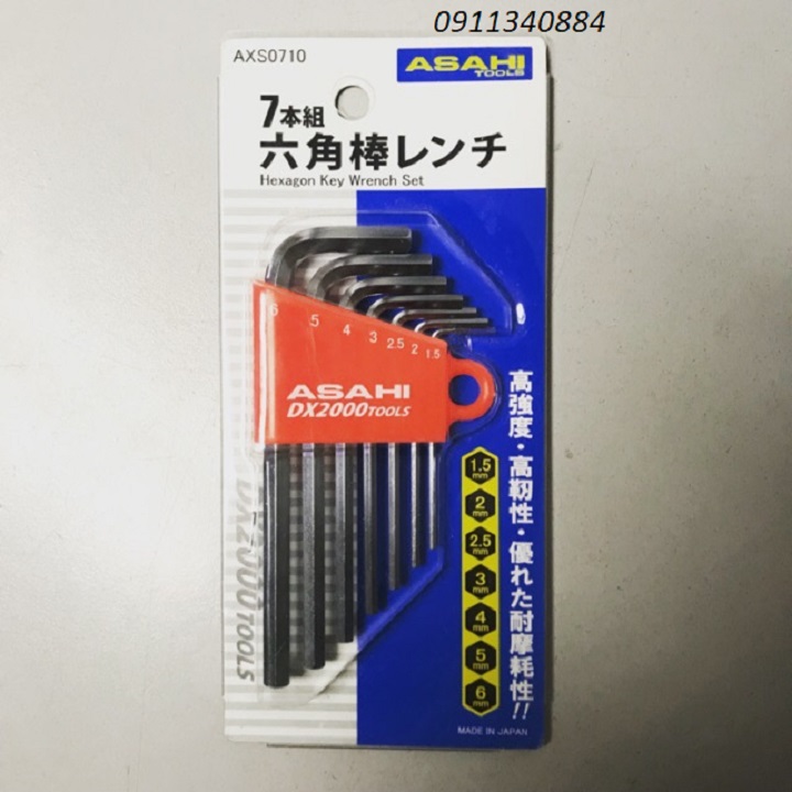 Bộ 7 lục giác thường loại ngắn 1.5-6mm Asahi Nhật Bản - bộ lục giác ngắn - lục giác nhật bản - bộ lục giác đa năng - lục giác thép - lục giác crom - asahi japan