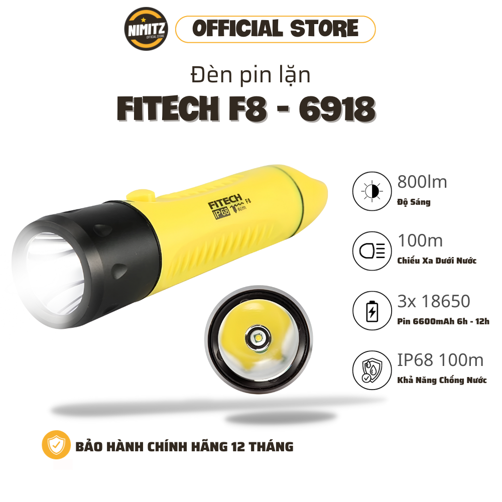 Đèn pin lặn fitech f8 | độ sáng 800lm | chống nước chuẩn ip68 | dung lương 6600mah