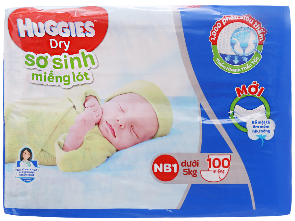 Miếng lót sơ sinh Huggies Dry NB1 100 miếng ( cho bé dưới 5kg)
