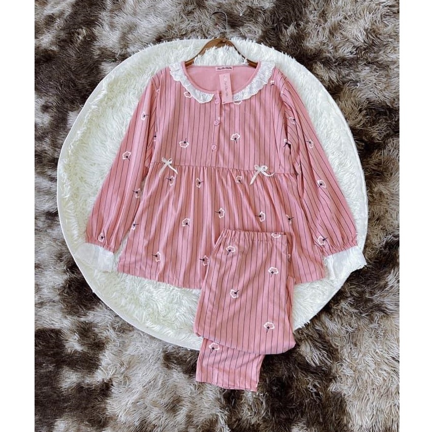 Bộ bầu, bô sau sinh dài tay, cổ ren bèo chất cotton đẹp mềm, kiểu dáng kẻ sọc cực xinh và trẻ trung