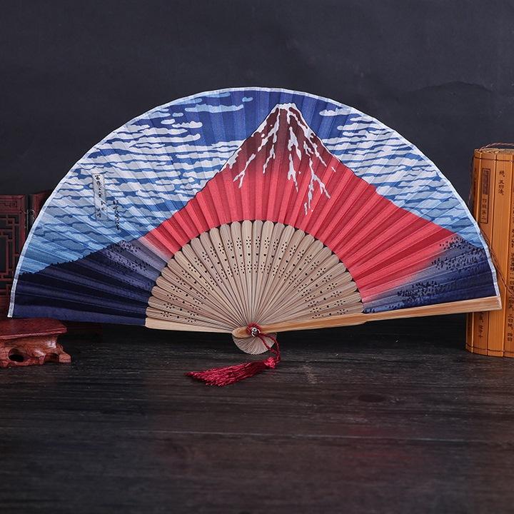 Quạt cổ trang dây tuyến núi Nhật vải lụa xếp cầm tay cosplay in hoa trang trí quà tặng xinh xắn