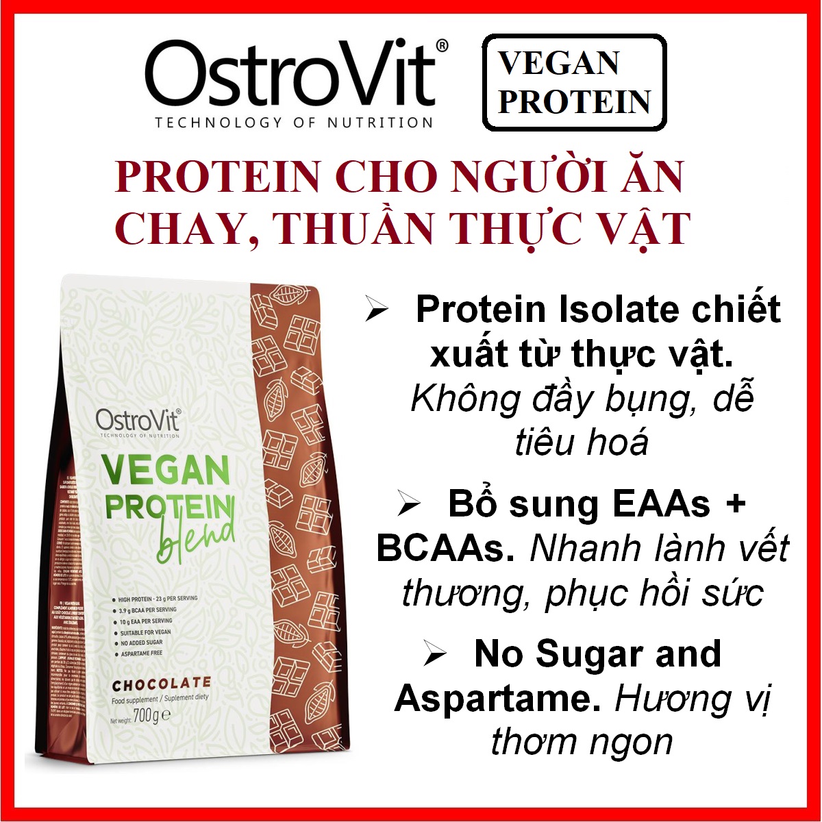 Ostrovit Vegan Protein Blend 700g - Chocolate Flavor, Plant-Based Isolate, No Sugar, Easy Digestion, Sport Nutrition Supplement