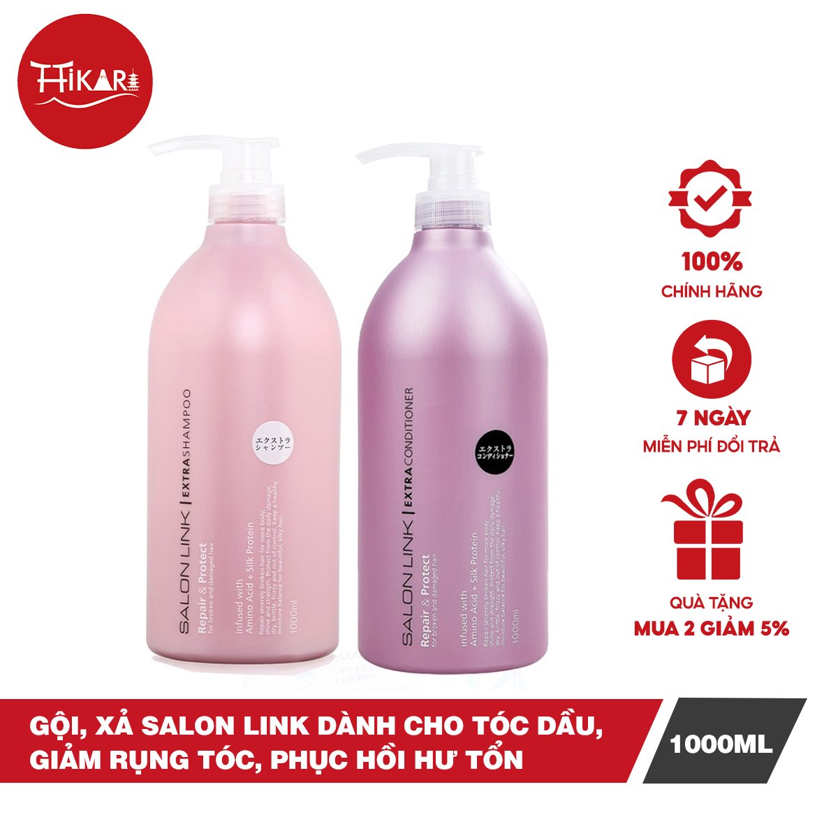 Cặp dầu gội salonlink dành cho tóc dầu màu hồng, giảm rụng tóc kiềm dầu, phục hồi hư tổn 1000ml