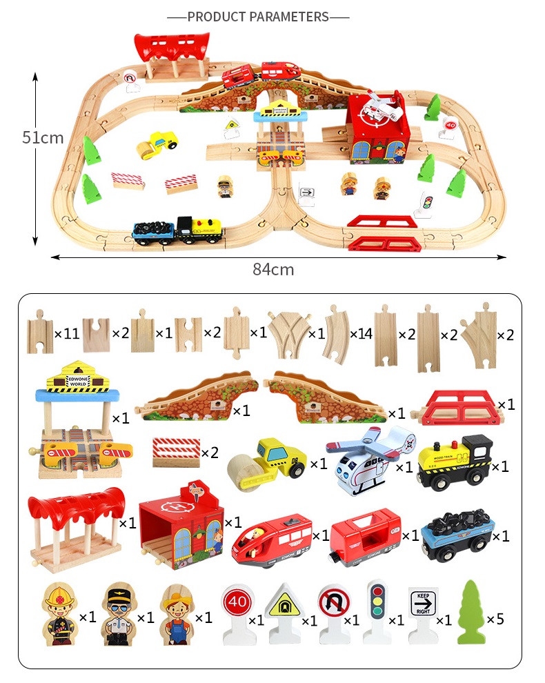 EDWONE Mô hình đường ray xe lửa gỗ 80 chi tiết Mẫu garage sân bay 80pcs kèm xe điện