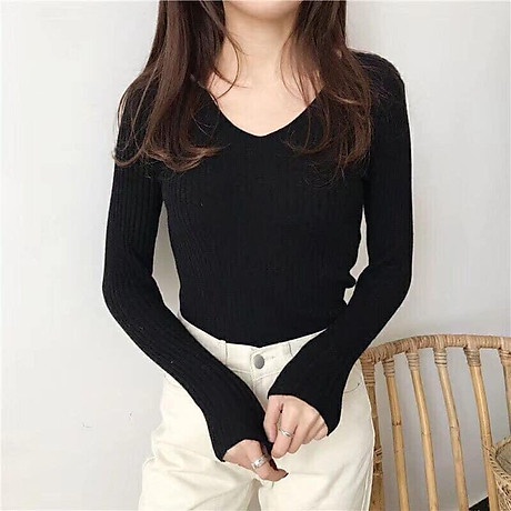 Áo len cổ tim chất len đũa dài tay, siêu co giãn, siêu xinh cho bạn nữ