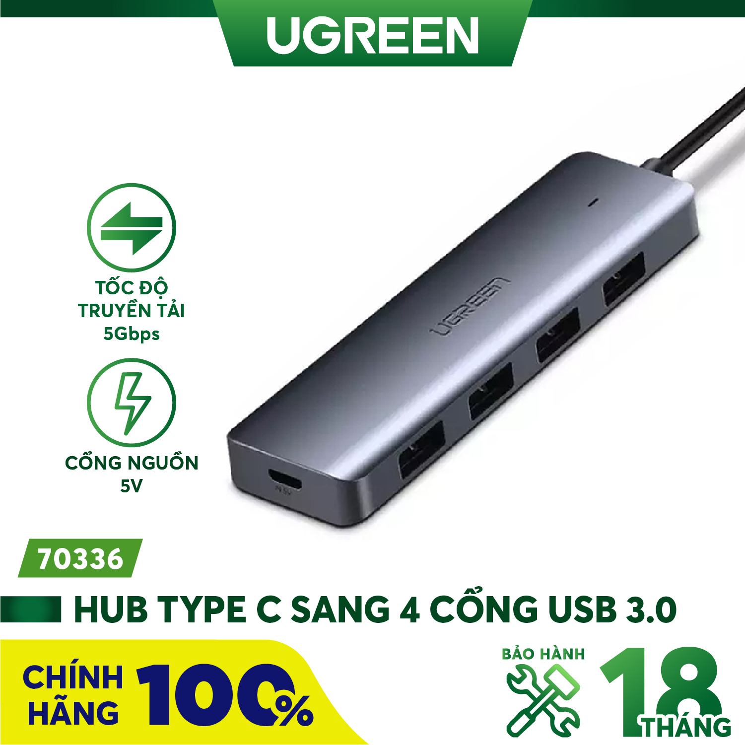 Bộ chia usb type-c ra 4 cổng usb 3.0 có hỗ trợ nguồn ugreen 70336 chính hãng