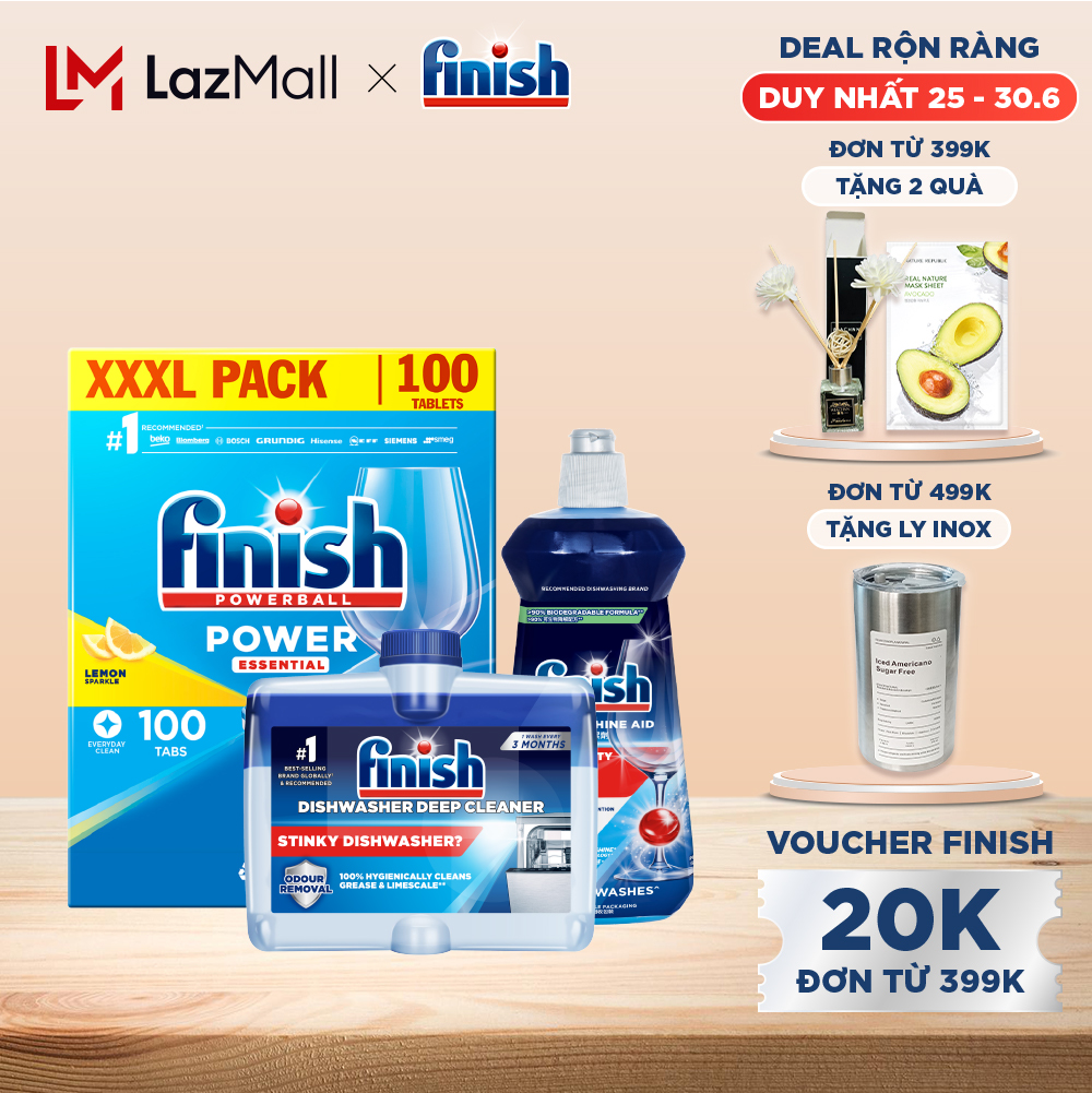 Combo Finish tiện lợi 1: Hộp 100 Viên Rửa Bát Finish Essential+ Nước Làm Bóng 500ml+ Dung Dịch Vệ Sinh Máy 250ml
