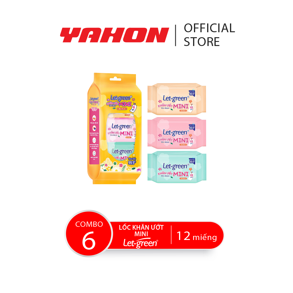 Combo 6 lốc khăn ướt bỏ túi Mini Let-green, 12 miếng/gói, 6 gói/lốc