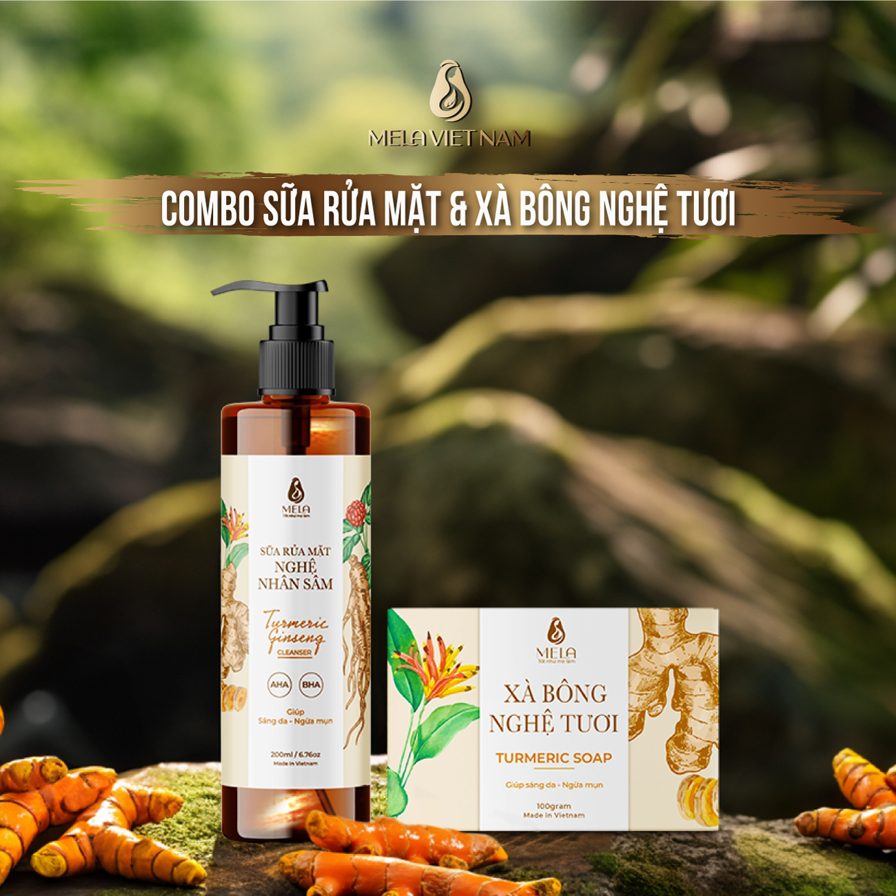 Combo xà bông + sữa rửa mặt nghệ mela sáng da làm sạch sâu - ml18