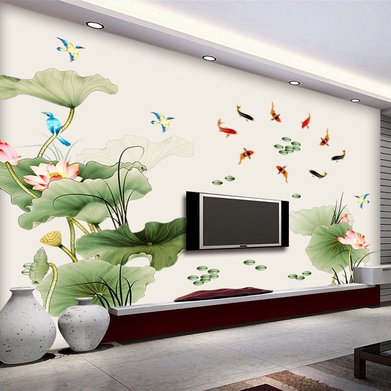 Decal dán tường chất liệu cao cấp đầm sen to và cá