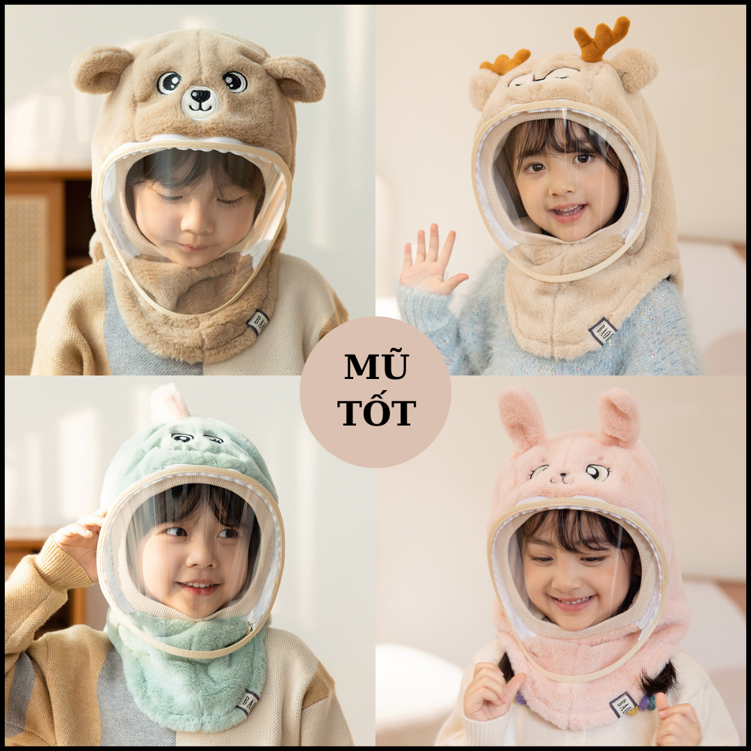 Mũ len lông cừu hình thỏ, gấu,hỏ, khủng long cho bé kèm kính mũ chống gió, mũ trùm đầu bảo vệ tai
