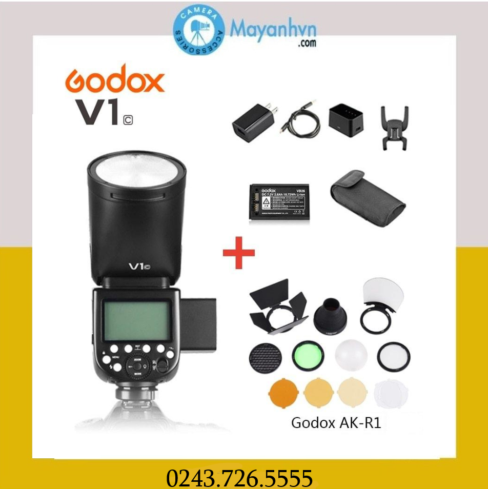 Đèn flash đầu tròn godox v1 cho canon + bộ tản sáng ak-r1