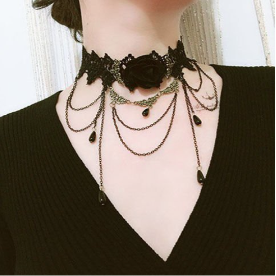 [HCM]Vòng cổ choker bông hồng đen thả xích cá tính có video