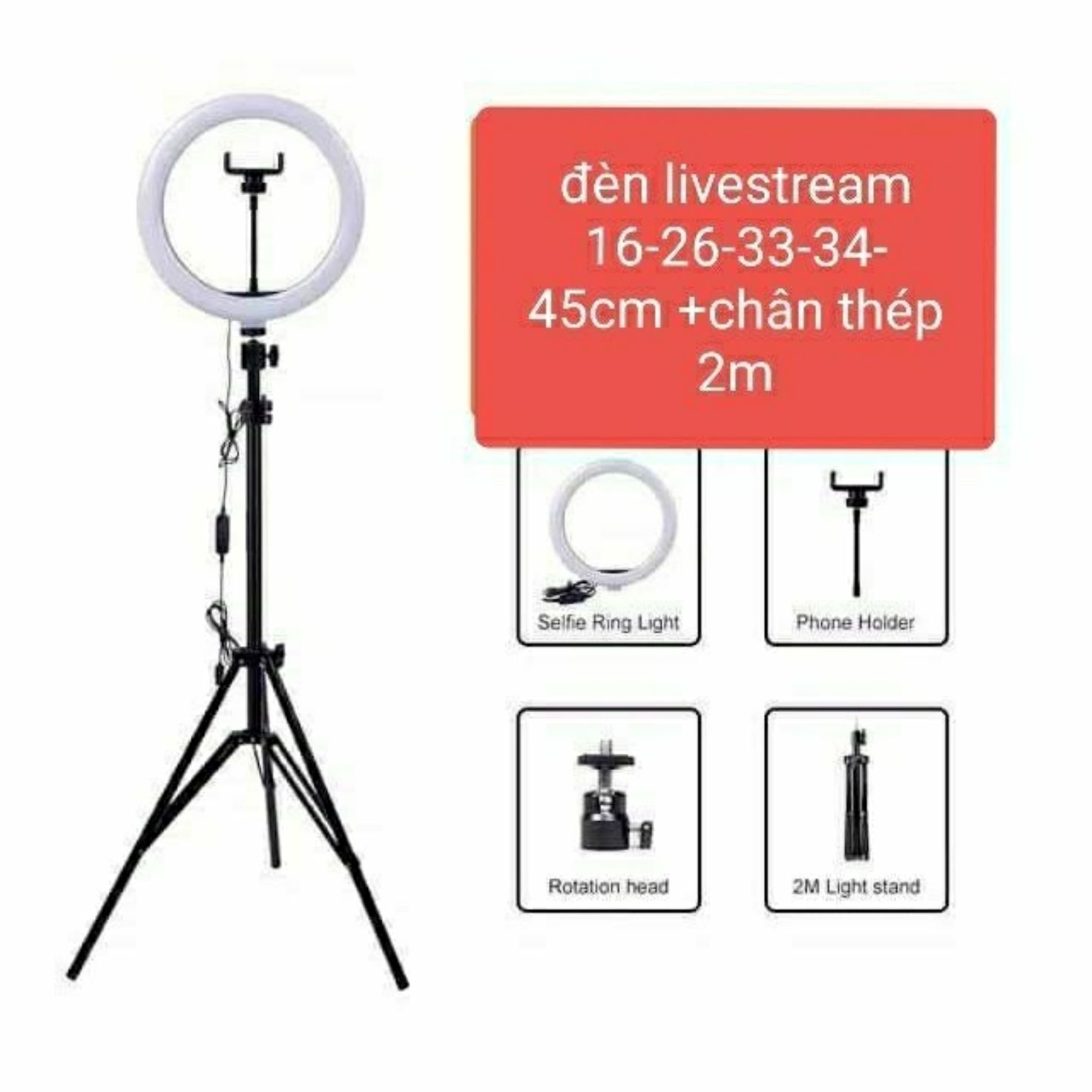 Đèn livestream bân hàng 33cm kèm chân thép 2m1