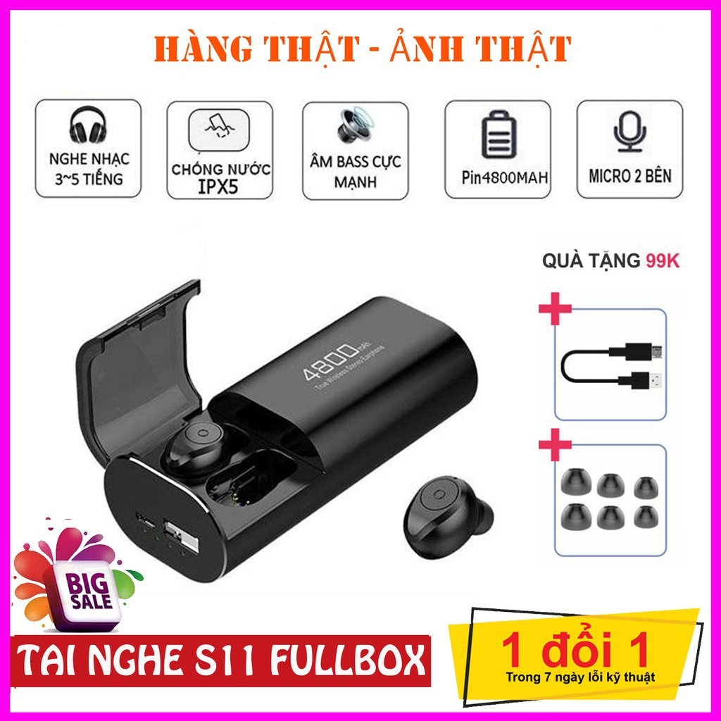 [BẢN QUỐC TẾ] Tai Nghe Bluetooth, Tai Nghe Không Dây 5.0 Kiêm Sạc Dự Phòng S11 Chất Lượng Cao, Chống Nước IPX5.