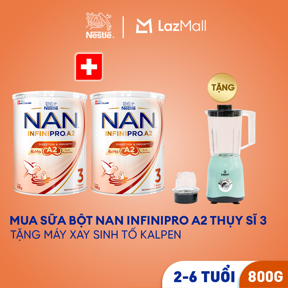[Tặng Máy xay sinh tố Kalpen kèm cối nhỏ] Combo 2 lon Sữa bột Nestle NAN INFINIPRO A2 3 800g Cho Bé 2 - 6 Tuổi Có Đạm A2, 6HMO  Lợi Khuẩn Kép hỗ trợ tiêu hóa, đề kháng