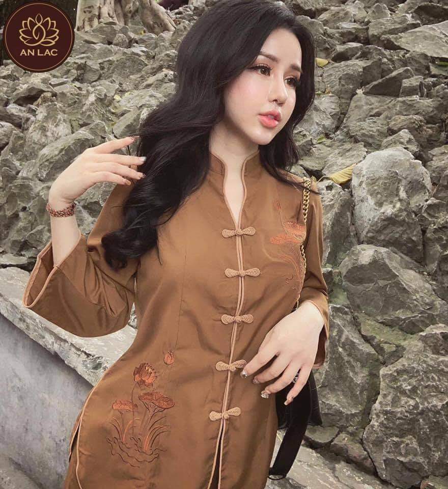 Set đồ lam đi chùa thêu hoa cao cấp