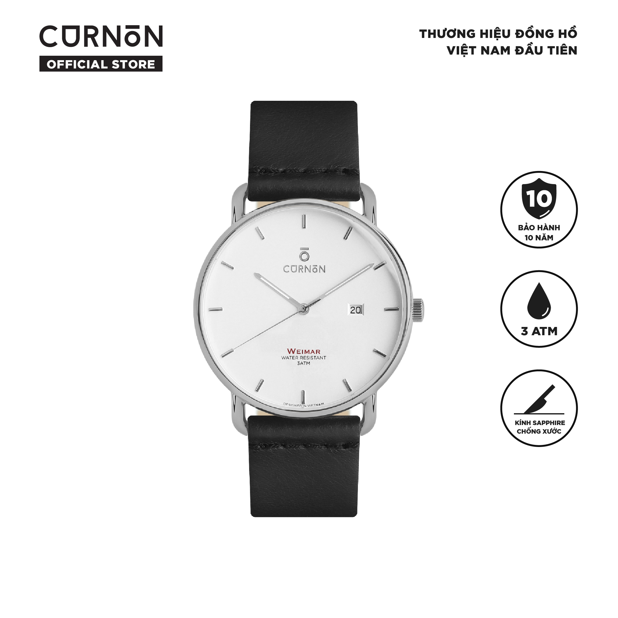 Đồng hồ nam Curnon Weimar Stefan dây da cao cấp - Thiết kế thời trang kèm lịch ngày - Kính Sapphire, chống nước 3ATM - Hàng chính hãng