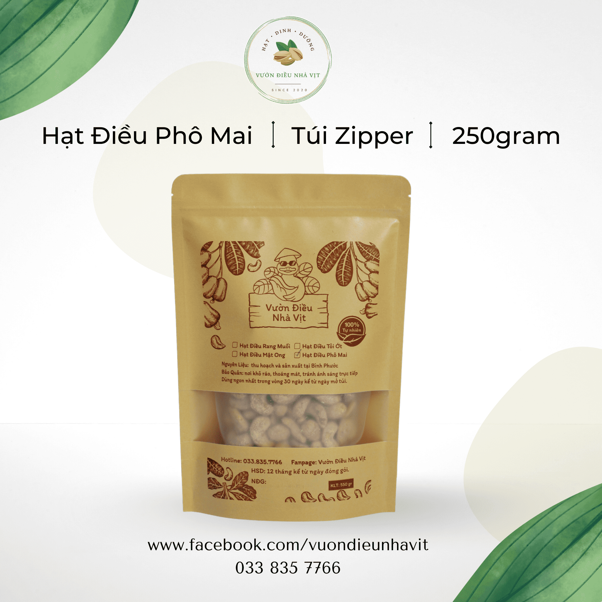 Hạt Điều Phô Mai Hạt Loại A Túi Zipper 250G Tiện Lợi Ăn Vặt - Vườn Điều Nhà Vịt